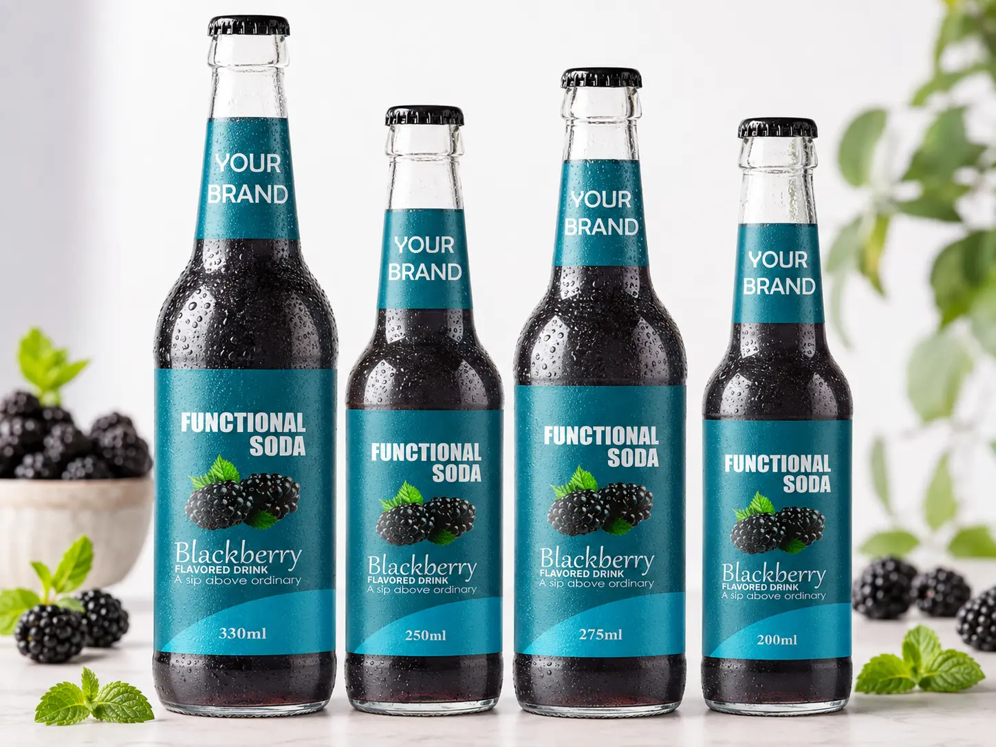 FUNCTIONAL SODA Blackberry Flavored Drink in 200ml, 250ml, 275ml and 330ml glass bottles.